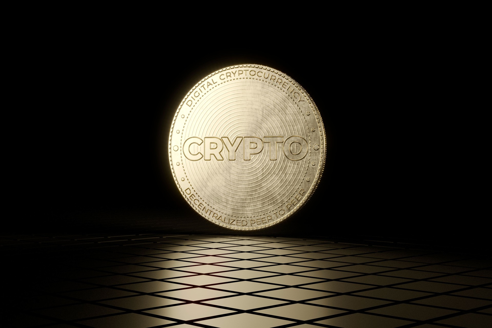 3D rendered image of digital cryptocurrency coin levitating on on black and gold shiny tiled floor with black background